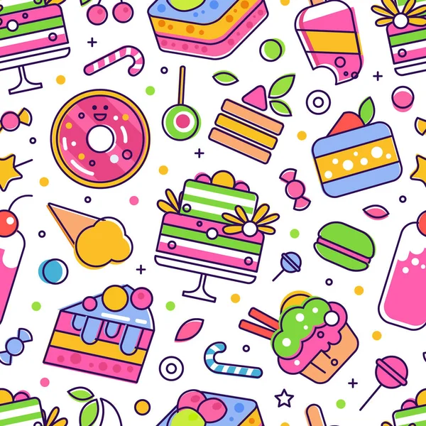 Sweets and Cake Dessert with Donut and Candy Cane Vector Seamless Pattern Template — Image vectorielle