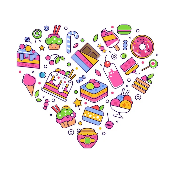 Sweets and Cake Dessert Arranged in Heart Shape Vector Template — ストックベクタ