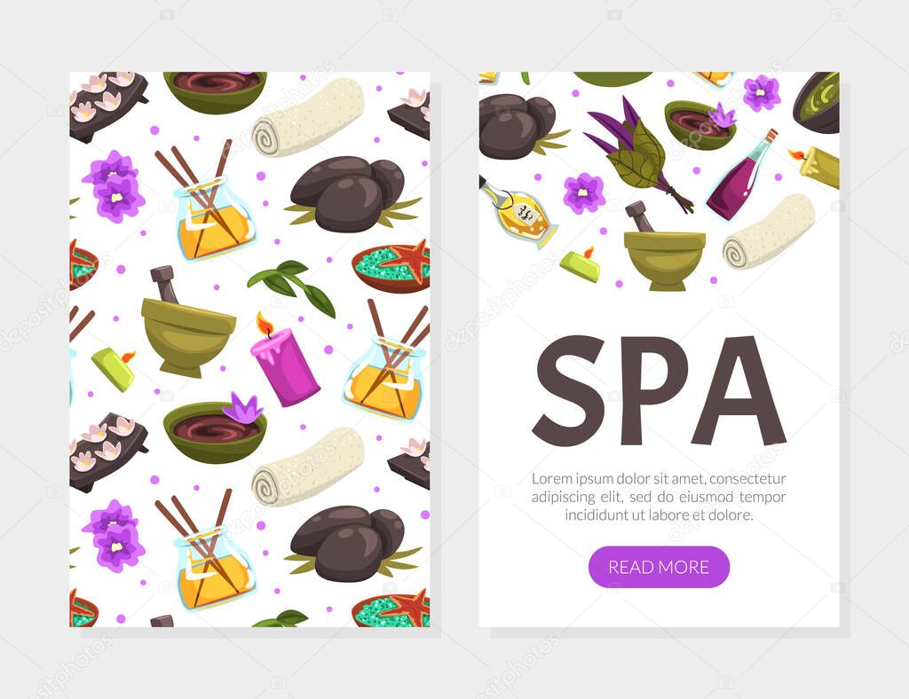 Spa and Beauty Landing Page with Rolled Towel and Hot Stone Vector Template