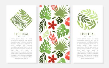 Botanical Vertical Banner with Tropical Leaf and Red Flower Vector Template