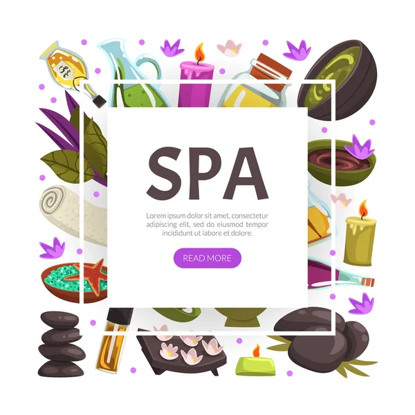 Banner publicitario de spa y belleza con toalla laminada y plantilla de vectores de piedra caliente — Vector de stock