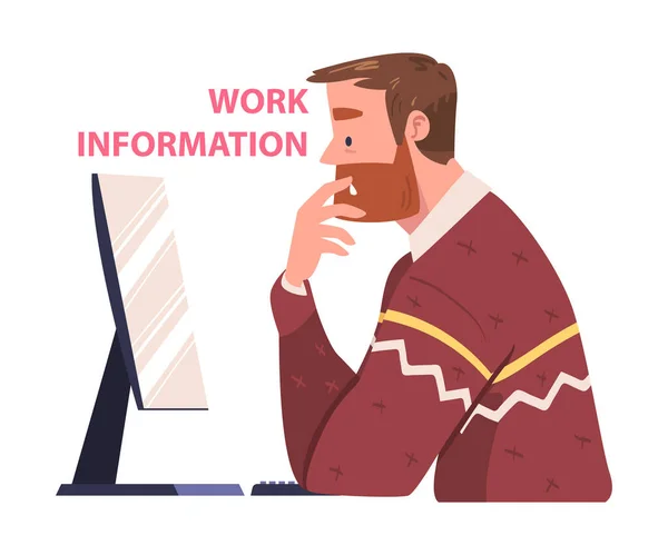 Man Character Sitting at Computer Screen Working with Information Analyzing Data and Browsing Internet Vector Illustration — Stock Vector