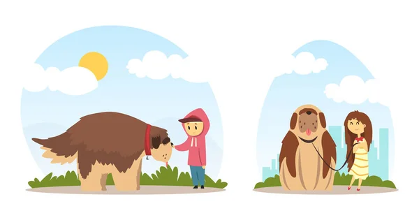 Little Boy and Girl Walking His Dog with Leash and Collar Vector Illustration Set — Stock vektor