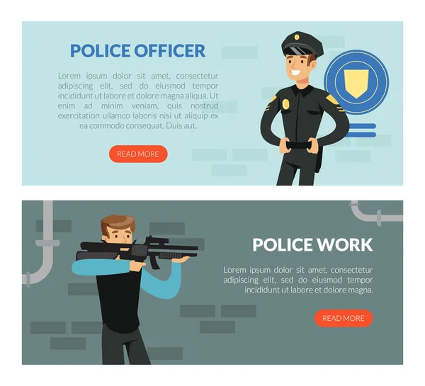 Landing Page con el oficial de policía trabaja con el hombre apuntando con la plantilla del vector de la pistola — Vector de stock