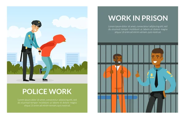 Card with Police Officer Work with Man Leading Criminal to Prison Vector Illustration — Image vectorielle