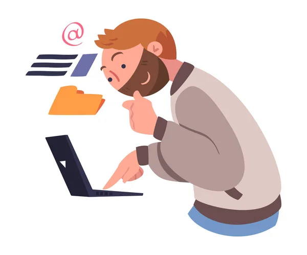 Bearded Man Character with Laptop Working with Information Analyzing Data and Browsing Internet Vector Illustration — Archivo Imágenes Vectoriales