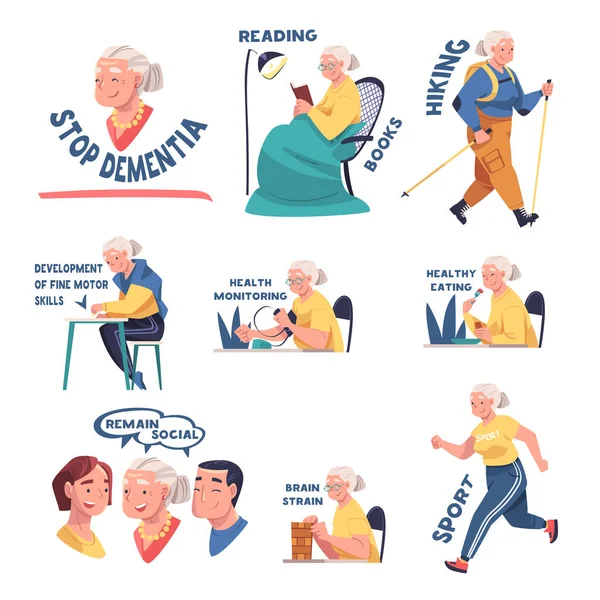 Alzheimer Prevention with Elderly Woman Healthy Eating and Reading Vector Illustration Set — Stock vektor