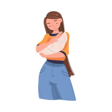 Woman Character Holding Wrapped Baby with Arms Nursing Him Vector Illustration