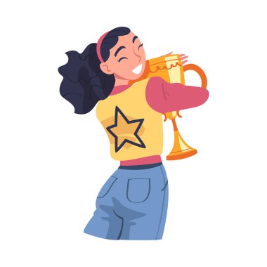 Woman Winner Holding Golden Cup as Trophy and Award Vector Illustration
