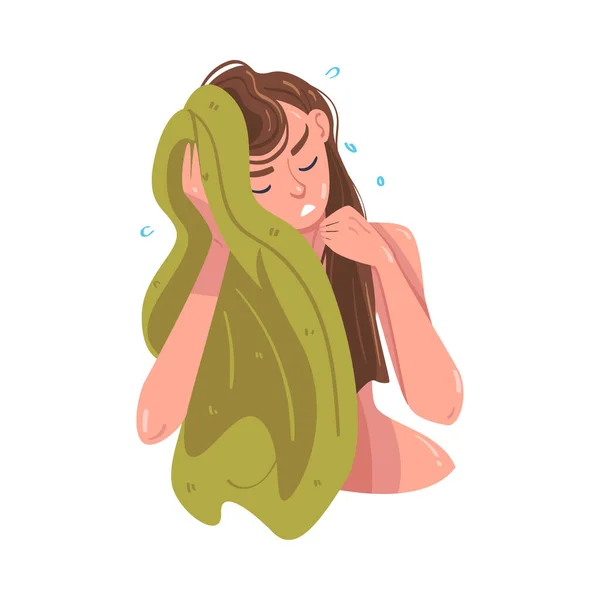 Woman Character In Bathroom Doing Hygiene Procedure Drying Wet Hair with Towel Vector Illustration — Vector de stock