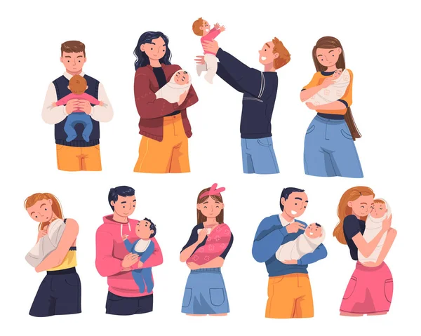 People Character Holding Baby with Arms Nursing Him Vector Illustration Set — Stock vektor