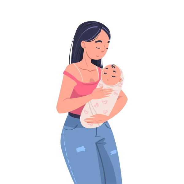 Woman Character Holding Wrapped Baby with Arms Nursing Him Vector Illustration — Archivo Imágenes Vectoriales