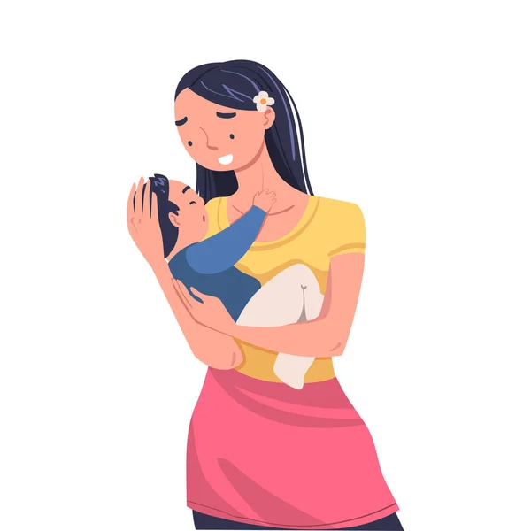 Woman Character Holding Baby with Arms Nursing Him Vector Illustration — Stock Vector