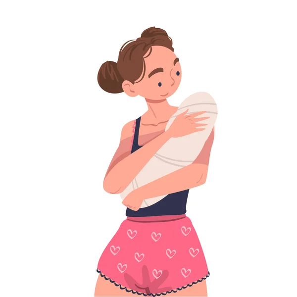 Mujer carácter celebración envuelto bebé con brazos amamantándolo vector ilustración — Archivo Imágenes Vectoriales