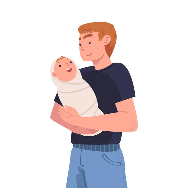 Man Character Holding Wrapped Baby with Arms Nursing Him Vector Illustration — Stockvector