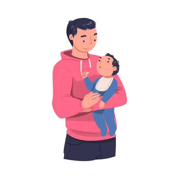 Man Character Holding Baby with Arms Nursing Him Vector Illustration — стоковый вектор