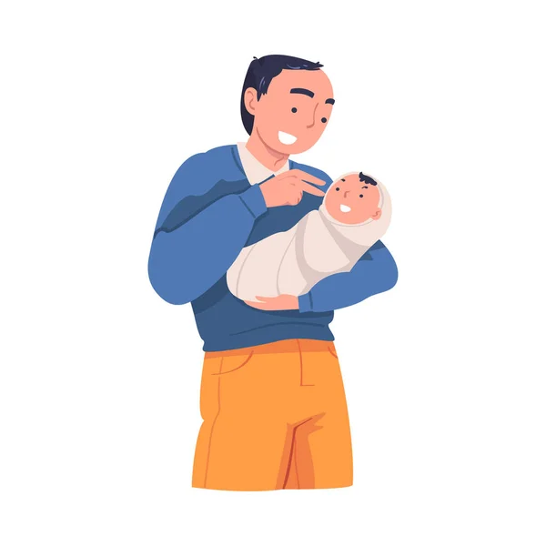 Man Character Holding Wrapped Baby with Arms Nursing Him Vector Illustration — 图库矢量图片