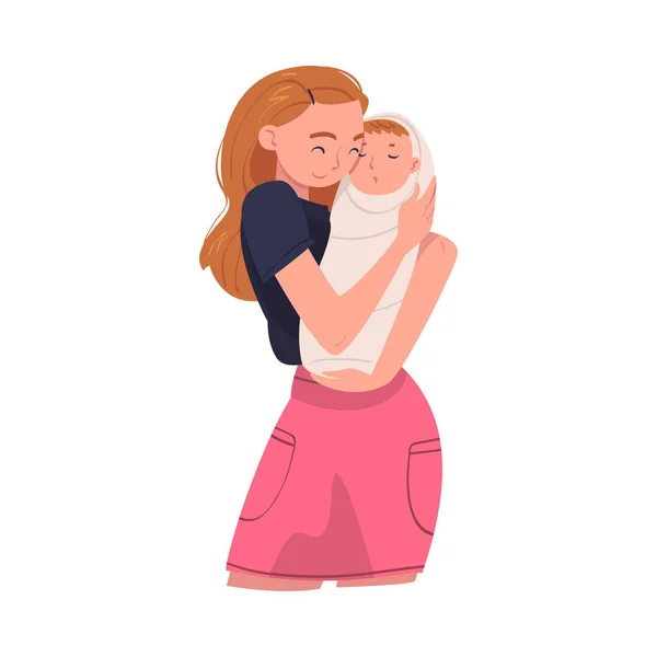 Woman Character Holding Wrapped Baby with Arms Nursing Him Vector Illustration — Vector de stock