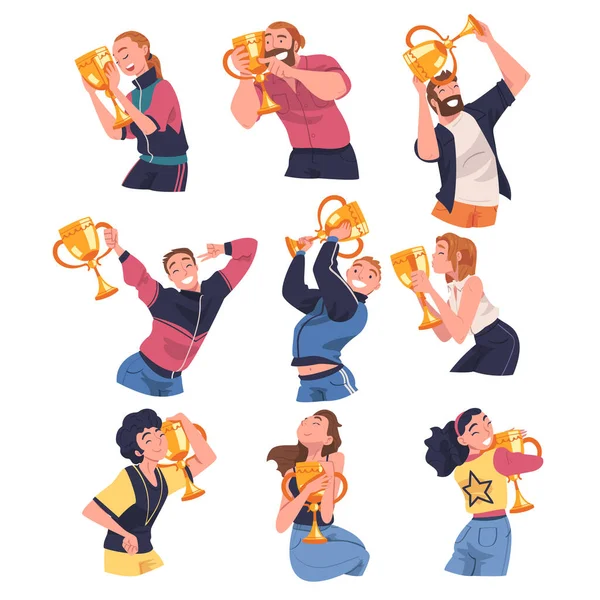 People Winner Character Holding Golden Cup as Trophy and Award Vector Illustration Set — Vector de stock