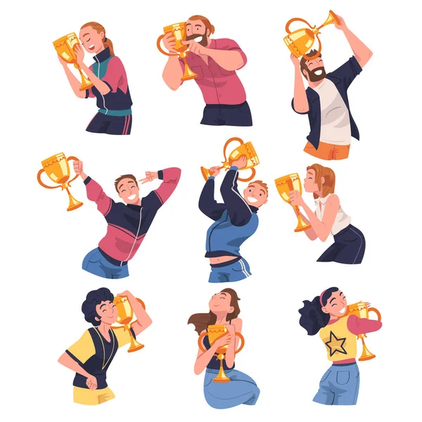 People Winner Character Holding Golden Cup as Trophy and Award Vector Illustration Set — стоковый вектор