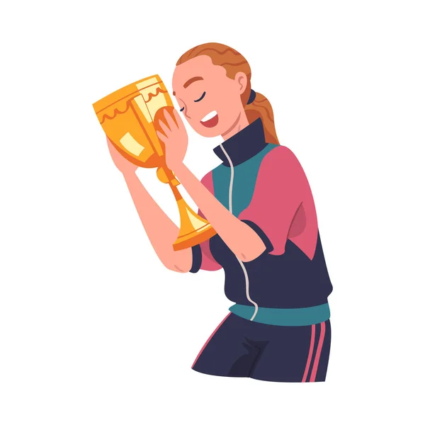 Woman Winner Holding Golden Cup as Trophy and Award Vector Illustration — Vetor de Stock