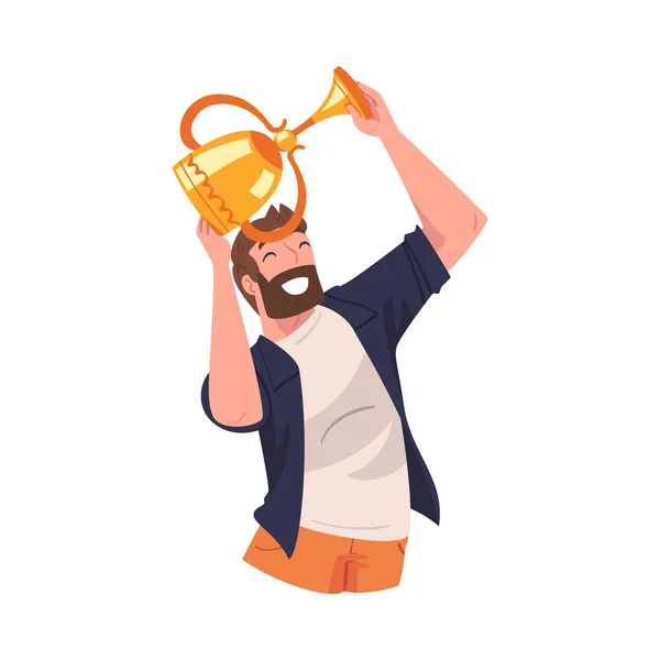 Bearded Man Winner Holding Golden Cup as Trophy and Award Vector Illustration — Vetor de Stock