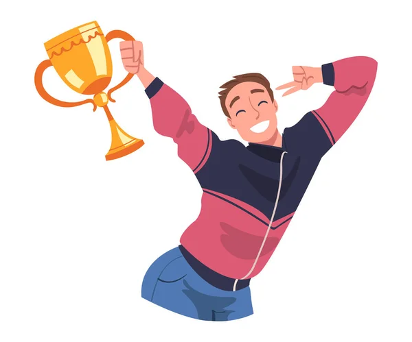 Man Winner Holding Golden Cup as Trophy and Award Vector Illustration — ストックベクタ