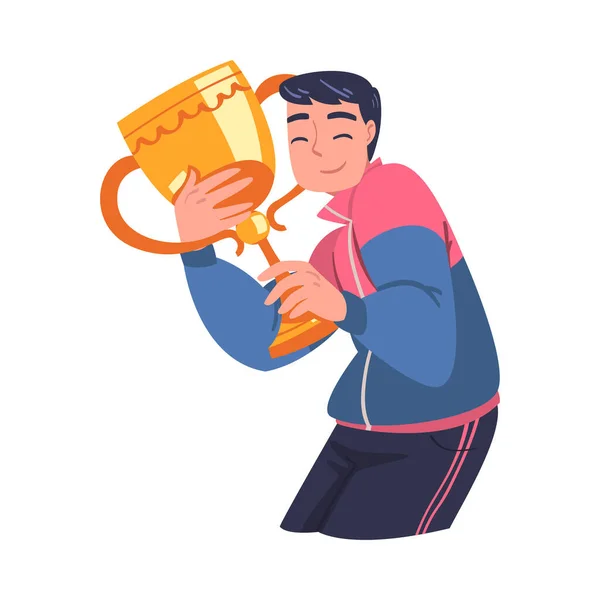 Man Winner Holding Golden Cup as Trophy and Award Vector Illustration — ストックベクタ
