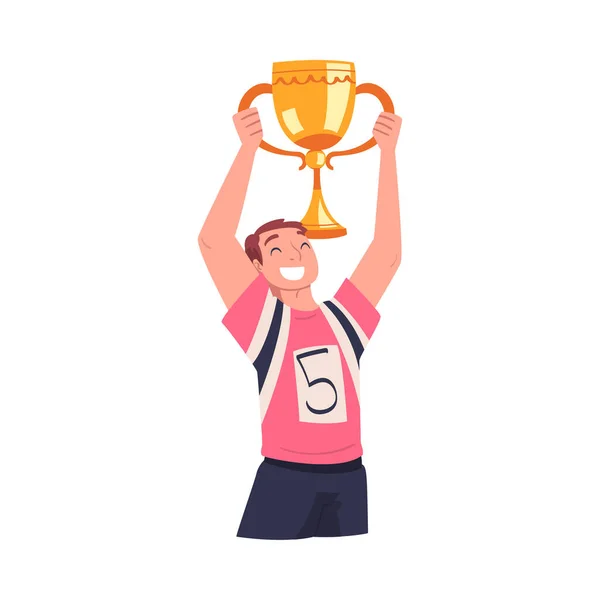 Man Winner Holding Golden Cup as Trophy and Award Vector Illustration — Archivo Imágenes Vectoriales