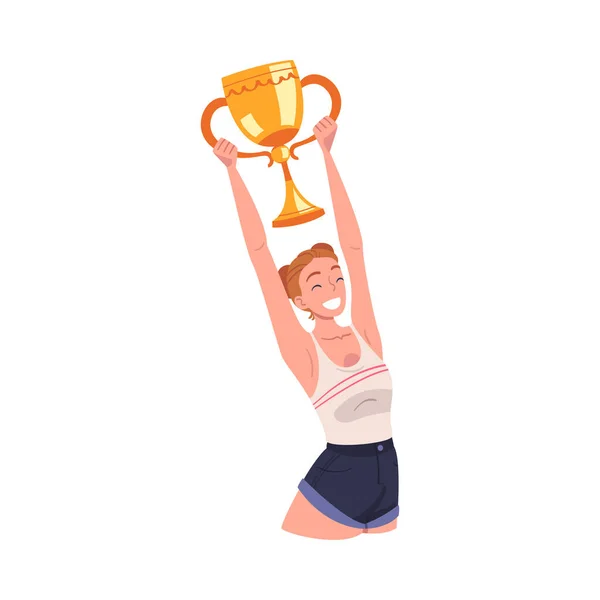 Woman Winner Holding Golden Cup as Trophy and Award Vector Illustration — ストックベクタ