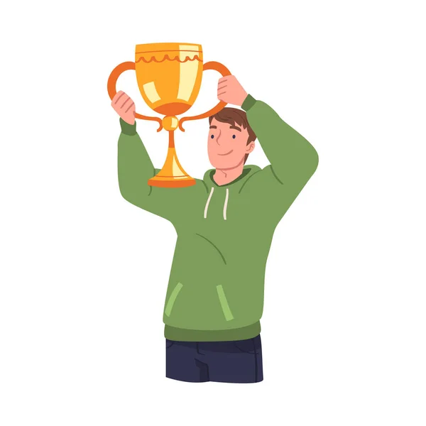 Homem Vencedor Segurando Copa de Ouro como Troféu e Prêmio Ilustração Vetor —  Vetores de Stock