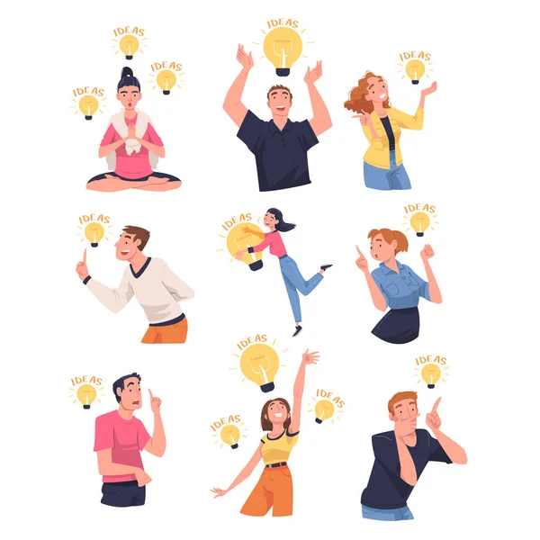 People Character Having Idea with Yellow Light Bulb Shining Vector Illustration Set — Wektor stockowy