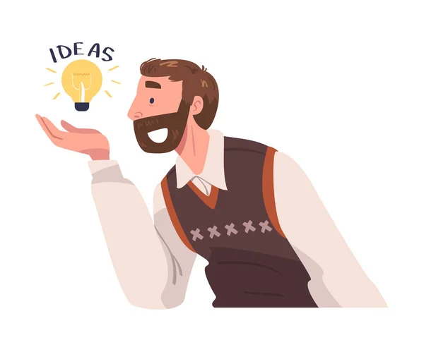 Young Bearded Man with Glowing Light Bulb Having Idea Vector Illustration — Image vectorielle