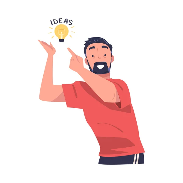 Young Bearded Man with Glowing Light Bulb Having Idea Vector Illustration — Stok Vektör