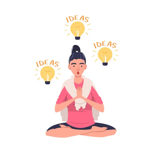 Young Woman in Yoga Pose Meditating with Glowing Light Bulb Flowing Around Having Idea Vector Illustration — Vector de stock