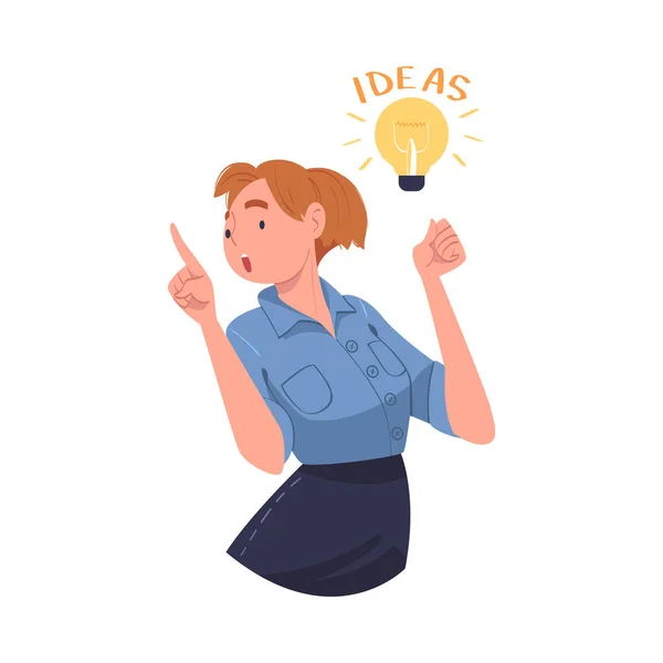 Young Woman with Glowing Light Bulb Having Idea Vector Illustration — Image vectorielle