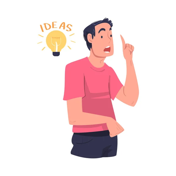 Young Man with Glowing Light Bulb Having Idea Vector Illustration — Archivo Imágenes Vectoriales