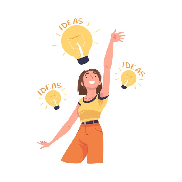 Smiling Woman with Glowing Light Bulb Having Idea Vector Illustration — Vettoriale Stock