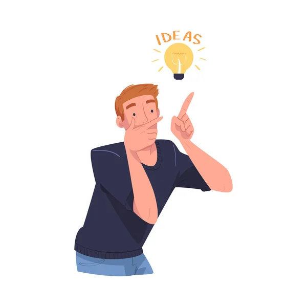 Young Man with Glowing Light Bulb Having Idea Vector Illustration — Image vectorielle