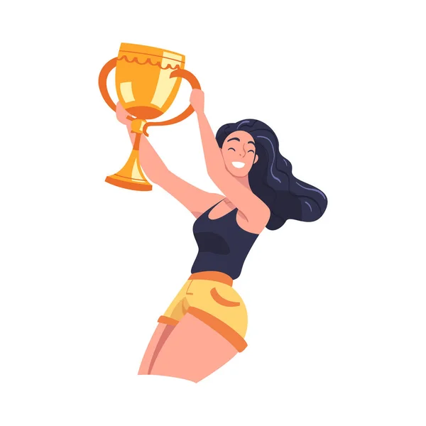 Woman Winner Holding Golden Cup as Trophy and Award Vector Illustration Διάνυσμα Αρχείου