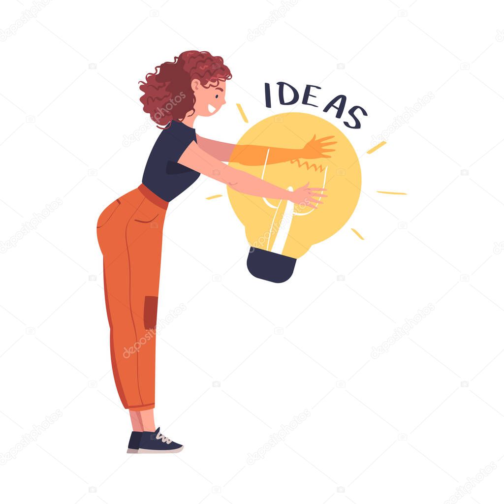 Smiling Woman with Glowing Light Bulb Having Idea Vector Illustration