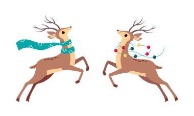 İnce Ren Geyiği, Antler Giyen Eşarp ve Garland Vektör Seti
