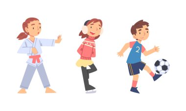 Küçük kız buz pateni ve erkek futbol oynuyor spor vektörü seti.