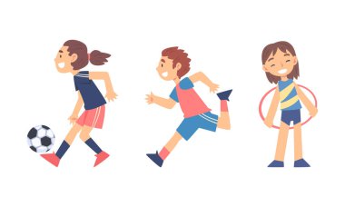 Küçük kız futbol oynuyor ve erkek koşuyor spor vektörü seti