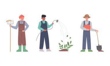 Erkek Çiftçi Bahçede Kürek ve Pitchfork Vektör Kümesi ile Çalışıyor