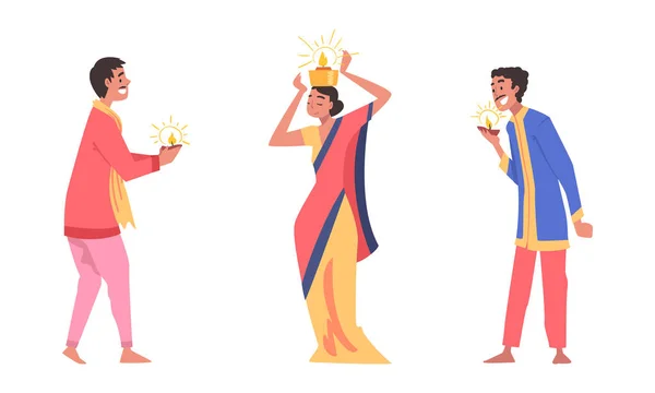Diwali Hindu Holiday Celebration with Indian People Character in Traditional Clothes Holding Light Vector Set — 스톡 벡터