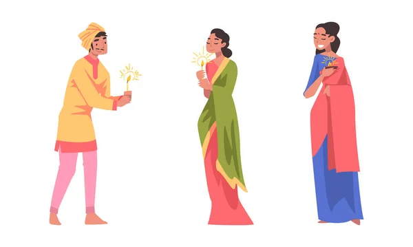 インドの伝統衣装に身を包んだインド人とのディワリ・ヒンドゥーの休日のお祝い｜Light Vector Set — ストックベクタ