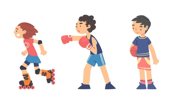 Klein meisje rolschaatsen en jongen boksen doet sport vector set — Stockvector