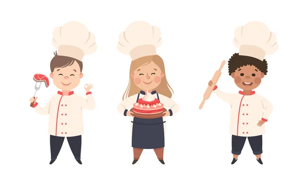 Crianças Chef em Toque Branco e Uniforme Gozando de Culinária e Culinária Segurando Bolo e Rolamento Pin Vector Set — Vetor de Stock