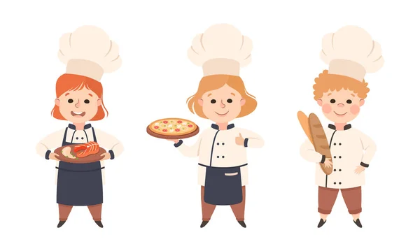 Children Chef in White Toque and Uniform Enjoying Culinary and Cookery Holding Pizza and Fresh Bread Vector Set — Stock Vector